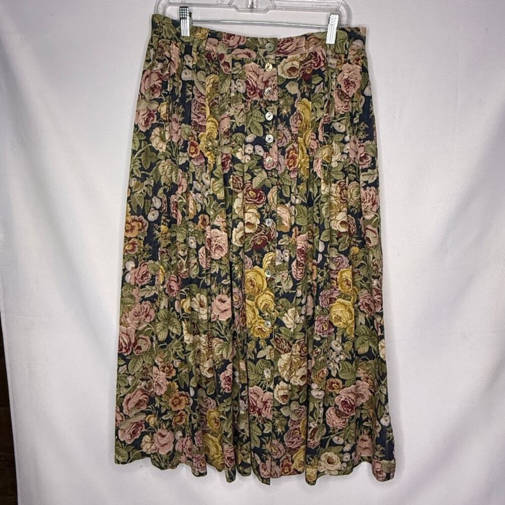 Vintage Hirsch Floral Linen Midi Maxi Skirt Button Front Pleated Pockets M L